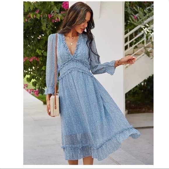 blue dress with long sleeves and ruffles summer dress M - Picture 4 of 7